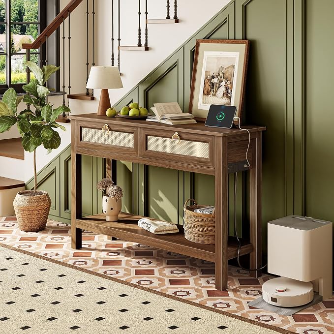 SUPERJARE Rattan Console Sofa Table with Outlets and USB-C Port, 2 Drawer Entryway Table with Synthetic Rattan Surface, 39 Inch, Open Shelf, Behind Couch Entry Foyer Hallway Storage, Brown