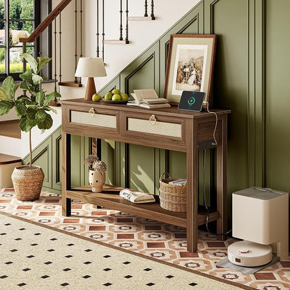SUPERJARE Rattan Console Sofa Table with Outlets and USB-C Port, 2 Drawer Entryway Table with Synthetic Rattan Surface, 39 Inch, Open Shelf, Behind Couch Entry Foyer Hallway Storage, Brown