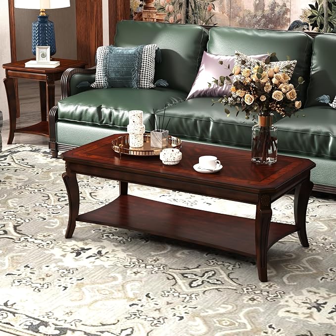 Rectangle Coffee Table for Living Room, Solid Wood Coffee Table with Storage Shelf, Traditional Distressed Farmhouse Style with Shelf, Solid Hardwood Rustic Center Table for Living Room, Cherry 1168WD