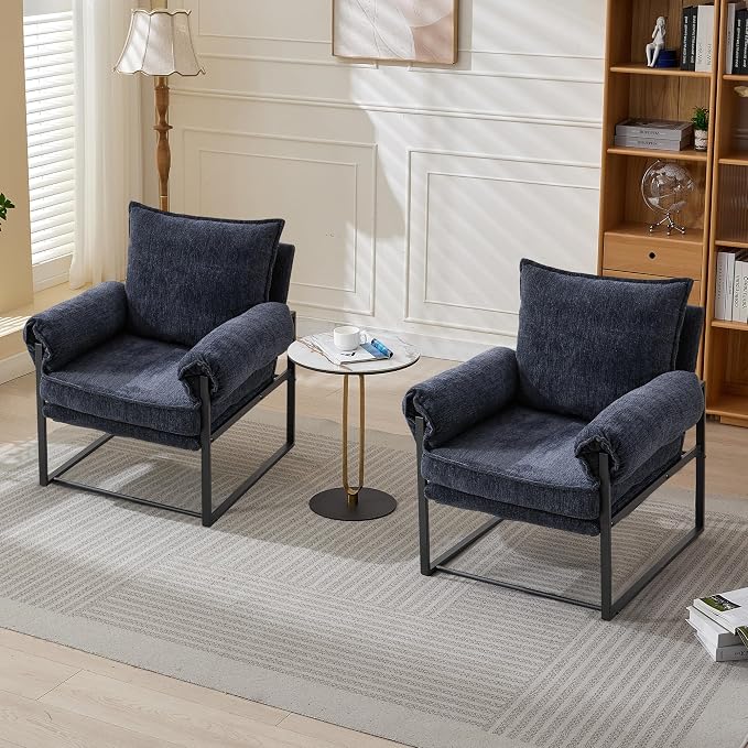 YISHENG Accent Chair with 6-Angle Adjustable Backrest, Fabric Living Room Chair Upholstered Lounge Chair, Modern Chair Cozy Reclining Chair for Reading Room, Set of 2 Dark Blue