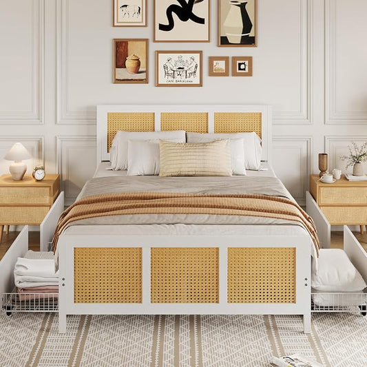 Garvee Rattan King Bed Frame with LED Headboard (7 Colors), Boho Cane Platform Bed with 4 Large Drawers, Strong Metal Slats Support, Noise Free, No Box Spring Needed, Easy Assembly, White