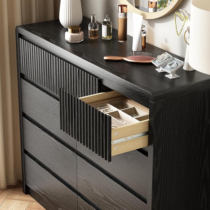 LYNSOM 9 Drawer Dresser for Bedroom, 50" Wide Fluted Dresser with Curved Corners, Wood Dressers & Chests of Drawers with Dual-Panel Design for Bedroom, Entryway, Black