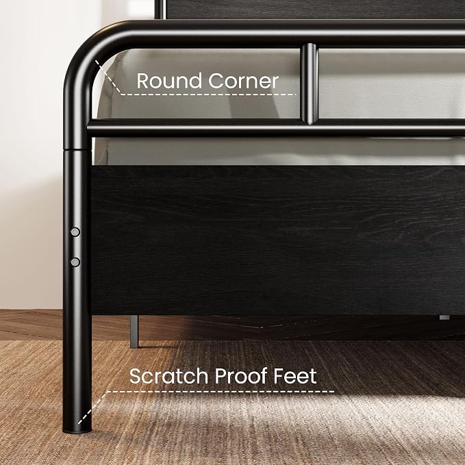 SHA CERLIN Queen Size Bed Frame with Vintage Industrial Wood Headboard, Heavy Duty Metal Platform, 12 Inch Under Bed Storage, Noise-Free, No Box Spring Needed, Easy Assembly, Black