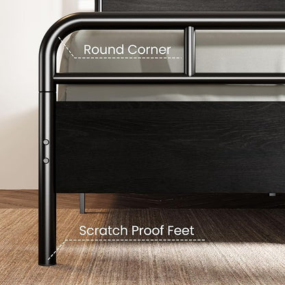 SHA CERLIN Queen Size Bed Frame with Vintage Industrial Wood Headboard, Heavy Duty Metal Platform, 12 Inch Under Bed Storage, Noise-Free, No Box Spring Needed, Easy Assembly, Black