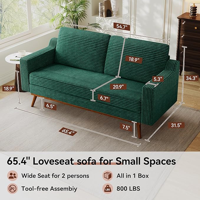 Vipbear 65.4" Loveseat Sofa,Mid-Century Modern Small Couches for Living Room, Bedroom, Office,Comfy Forest Green Corduroy Couch with Spring Cushion, Solid Wood Frame, Tool-Free Assembly