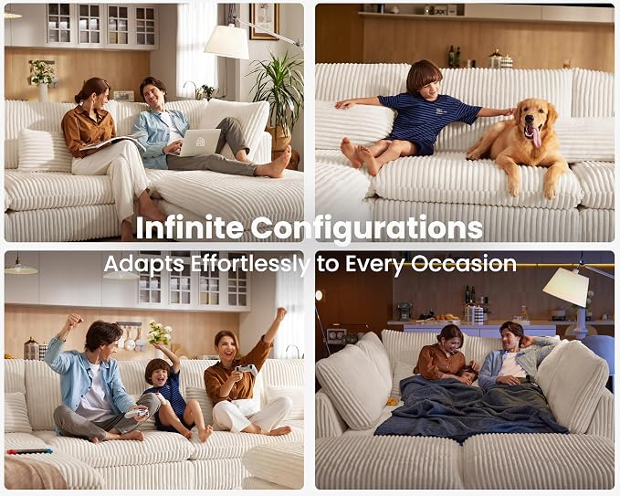 115" Oversized Corduroy Couch Modular Sectional Sofa, Washable Cloud Couch Sectional, 3 Seater Sectional Couches for Living Room, Fully Cover Removable, Basic 3 Seater, Corduroy, White