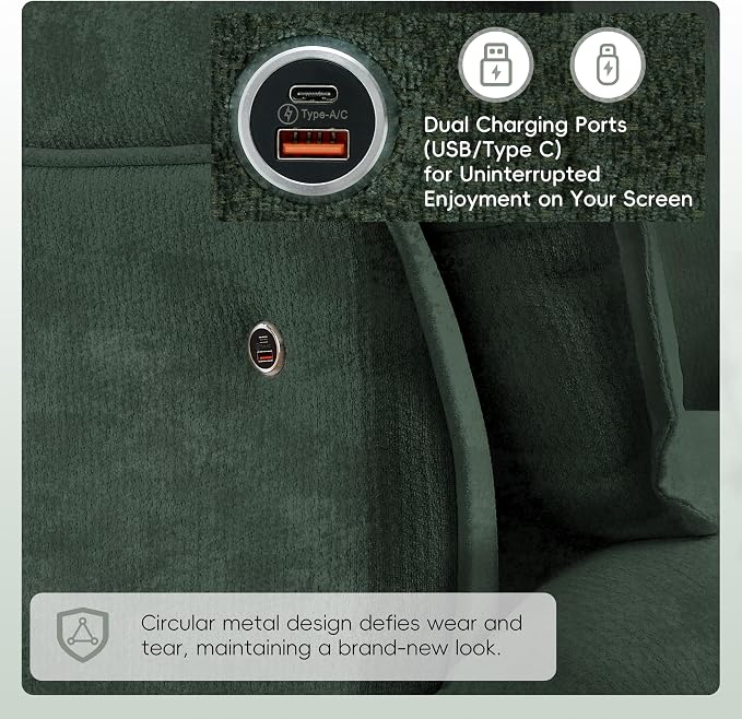 ERYE 47" Chenille Upholstered Accent Chair Wide Seat Armchair for Living Room Bedroom, Modern Upholstered Armchair W/ 2 Pillows and USB-C Ports for Home Apartment Office