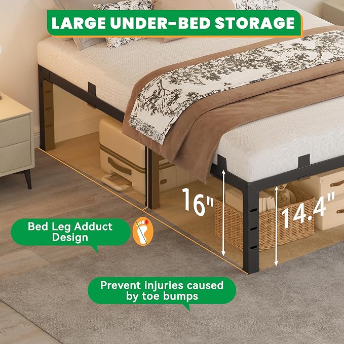 16 Inch Full Size Bed Frames, Heavy Duty Metal Platform 3500 lbs Capacity, No Box Spring Needed, 6 Mattress Slide Stopper, Headboard Holes, Noise-Free, Easy Assembly