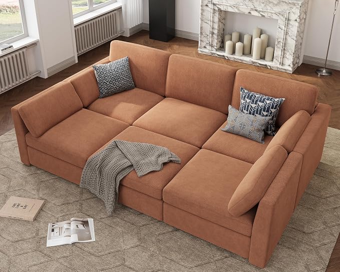Oversized Modular Sectional Sleeper Sofa Bed Cloud Couches Brown | Deep Seat Couch for Living Room, 6-Seater Luxury Comfortable Sofa with Ottoman, Solid Wood Frame, Removable Washable Cover