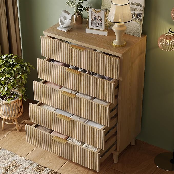 Lulive Dresser for Bedroom Wood Tall Dressers Drawers, Fluted Modern Dresser 5 Drawers Natural