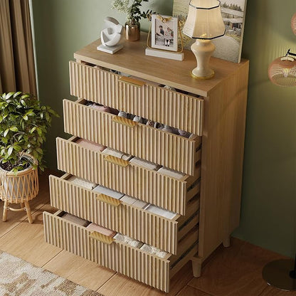 Lulive Dresser for Bedroom Wood Tall Dressers Drawers, Fluted Modern Dresser 5 Drawers Natural