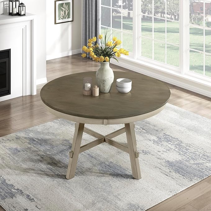 Lexicon 48 Inch Dia. Modern Round Dining Table, Wooden Kitchen Table, Seats for 4 People, Space Saving, for Kitchen, Dining Room, Two-Tone Finish (Greywash and Antique White)