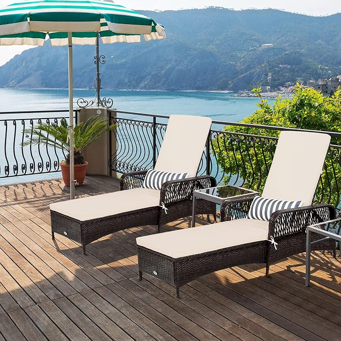 COSTWAY PE Rattan Chaise Lounge Chair, 6 Gear Adjustable Recliner with Armrest & Pillow, Wicker Outdoor Furniture for Deck, Patio (2, Brown)