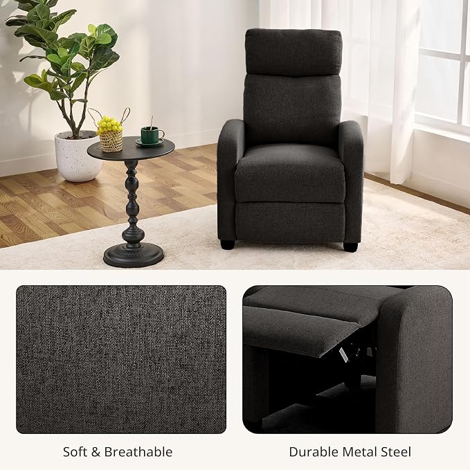 Recliner Chair for Living Room, Modern Adjustable Home Theater Seating Single Sofa Manual Push Back Armchair with Soft Linen Upholstery & High Backrest for Small Spaces, Linen-Black
