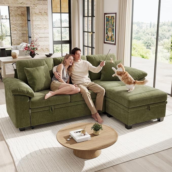 Ihanherry 86" Modular Sectional Sofa with Pull Out Bed, 4-Seater L Shaped Sectional Sleeper Couch with Storage Ottoman, Chenille Convertible Couches for Living Room, Apartment (Green)