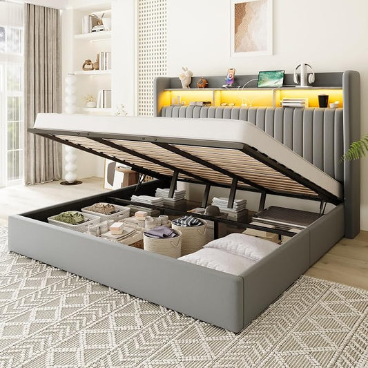 Allewie King Size Lift Up Hydraulic Storage Bed Frame, 2-Tier Shelf Headboard with LED Lights and Charging Station, USB and Type C Ports, Wingback Velvet Headboard, No Box Spring Needed, Gray