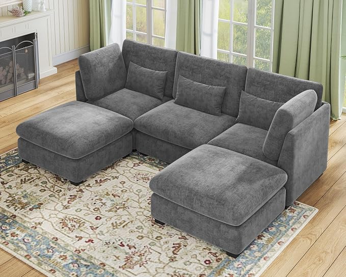 115" Oversized Chenille Couch Modular Sectional Sofa, Washable Cloud Couch Sectional with 2 Ottoman, 5 Seater Sectional Couches for Living Room, Fully Cover Removable, U Shaped, Chenille, Grey