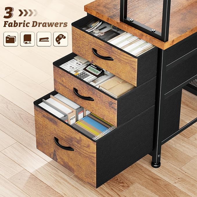 55"Computer Desk with Remote Aluminum LED Lights, 3 Fabric Drawers & 3 Shelves, Reversible L Shaped Desk Office Desk with Power Outlet and PC Stand for Gaming Desk, Corner Desk for Bedroom,Dorm, Brown