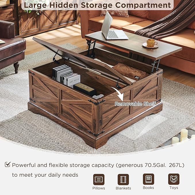 JXQTLINGMU Farmhouse Lift Top Coffee Table with Large Storage, 36" Square Wood Living Room Table with Hidden Compartment, Lift Tabletop Dining Table for Home, Brown