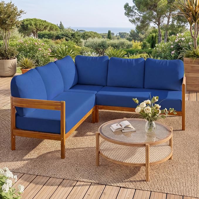 VilroCaz Outdoor Patio Furniture Set, L-Shaped Acacia Wood Sectional Sofa with 6 Soft Seat Cushions and Backpack, All-Weather Conversation Set with Arc Frame for Garden Backyard Porch (Blue-3.19)