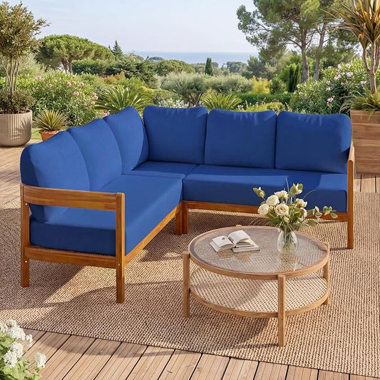 VilroCaz Outdoor Patio Furniture Set, L-Shaped Acacia Wood Sectional Sofa with 6 Soft Seat Cushions and Backpack, All-Weather Conversation Set with Arc Frame for Garden Backyard Porch (Blue-3.19)