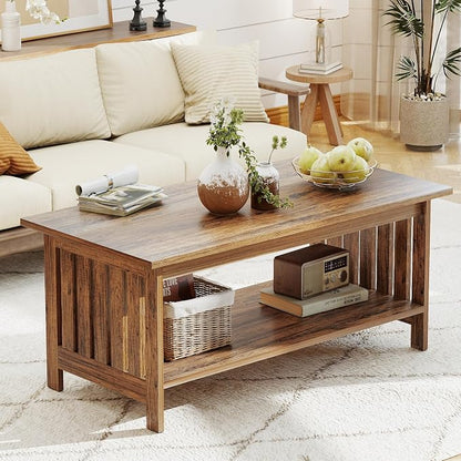 YOSHOOT 39.4" Farmhouse Coffee Table, Small Coffee Tables for Living Room | Rerto Wood, 2 Tier Coffee Table with Storage, Tea Table for Living Room Bedroom Small Space