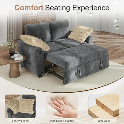 Hanherry 59" Loveseat Couch with Pull Out Sofa Bed, Chenille 2-in-1 Convertible 2 Seater Sleeper Sofa with USB Charging,Comfy Love Seat for Small Spaces Living Room Apartment