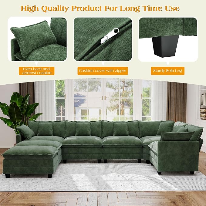 113.8" Modular Sectional Sofa,Cloud Couch for Living Room,Modern Deep Seat Sofa 5 Seater Chenille Fabric Comfy L Shaped Couches with Throw Pillows & Movable Ottoman for Apartment