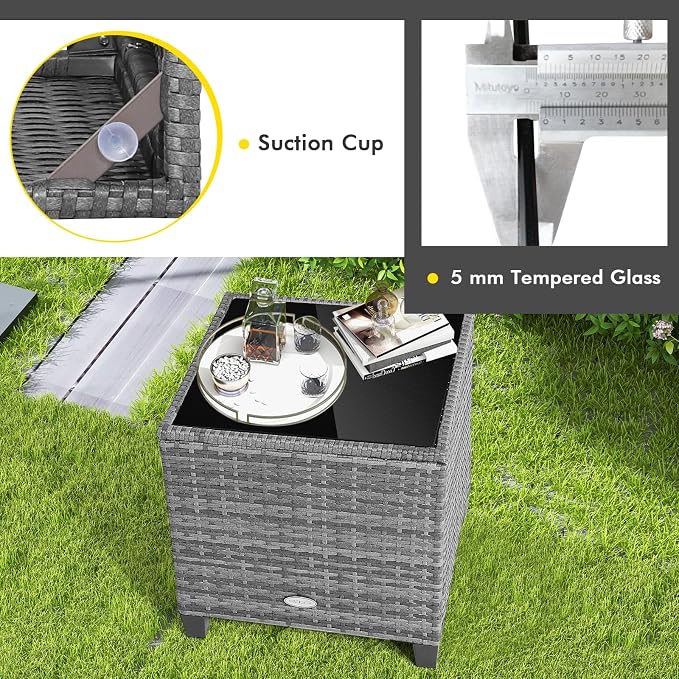 COSTWAY 3PCS Patio Furniture Set, PE Rattan Wicker Sofa w/Washable Cushion and Coffee Table, Tempered Glass Tabletop, Outdoor Conversation Set for Balcony, Porch, Yard, Backyard, Lawn, Black