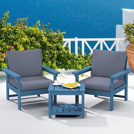 SERWALL HDPE Patio Sofa Set, 3-piece Sectional Outdoor Furniture Set, All Weather Outdoor Couch Set Patio Furniture Set for Deck, Lawn, Blue Frame with Grey Cushion