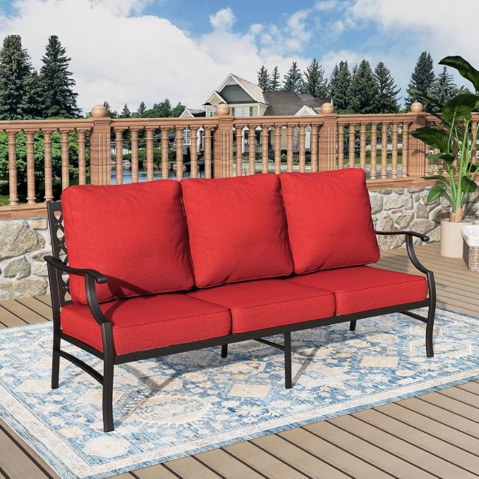 MIXPATIO Patio Couch Metal 3-Seat Outdoor Sofa Deep Seating Outdoor Furniture Red Cushion for Front Porch, Deck, Balcony, Backyard, Sunroom
