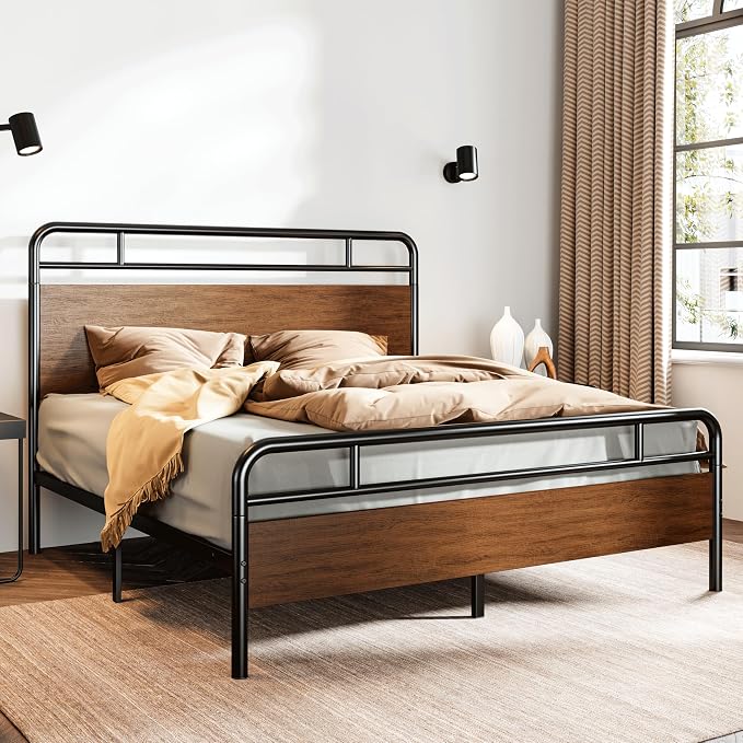 SHA CERLIN Full Size Bed Frame with Wooden Headboard and Footboard, Rounded Corner Metal Structure, Heavy Duty Slats with Under-Bed Storage, No Box Spring Needed, Walnut
