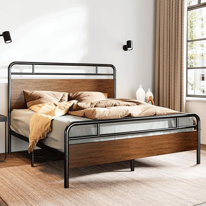 SHA CERLIN Full Size Bed Frame with Wooden Headboard and Footboard, Rounded Corner Metal Structure, Heavy Duty Slats with Under-Bed Storage, No Box Spring Needed, Walnut