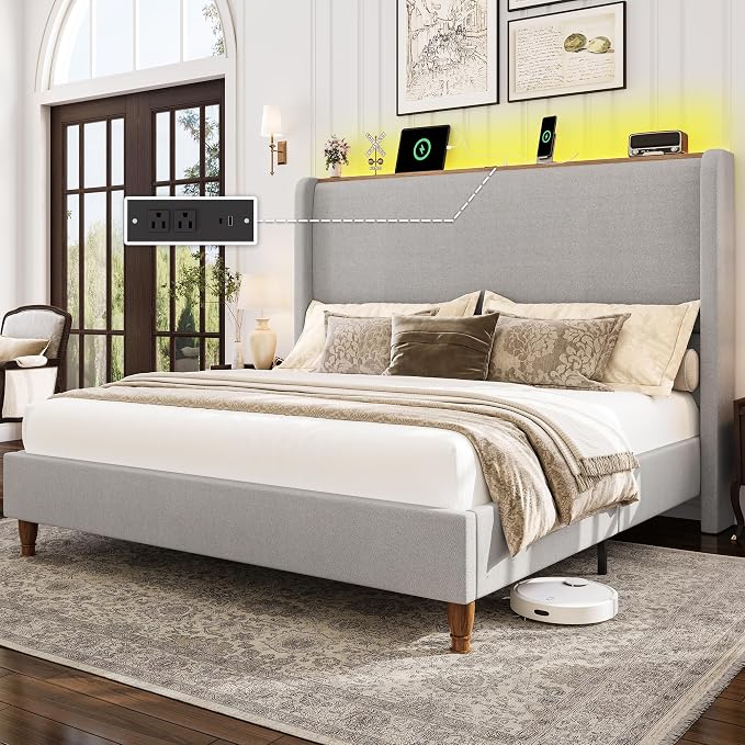 LARMACE King Size Bed Frame with LED Lights and Charging Station Linen Upholstered Platform Bed Frame with 51.2" Tall Wingback Headboard and Storage Shelf, No Box Spring Needed, Easy Assembly, Grey