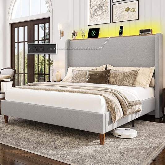 LARMACE Queen Size Bed Frame with LED Lights and Charging Station Linen Upholstered Platform Bed Frame with 51.2" Tall Wingback Headboard and Storage Shelf, No Box Spring Needed, Easy Assembly, Grey