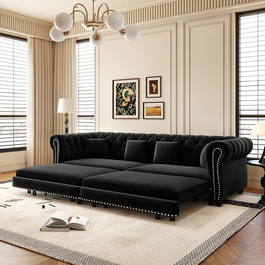 89" Velvet Convertible Sofa Bed Couch - Queen Sleeper Sofa with Ottoman, Button Tufted Chesterfield Sofa, King Size Pull Out Sleeper Couch Bed for Small Spaces Apartments, Living Room, Black