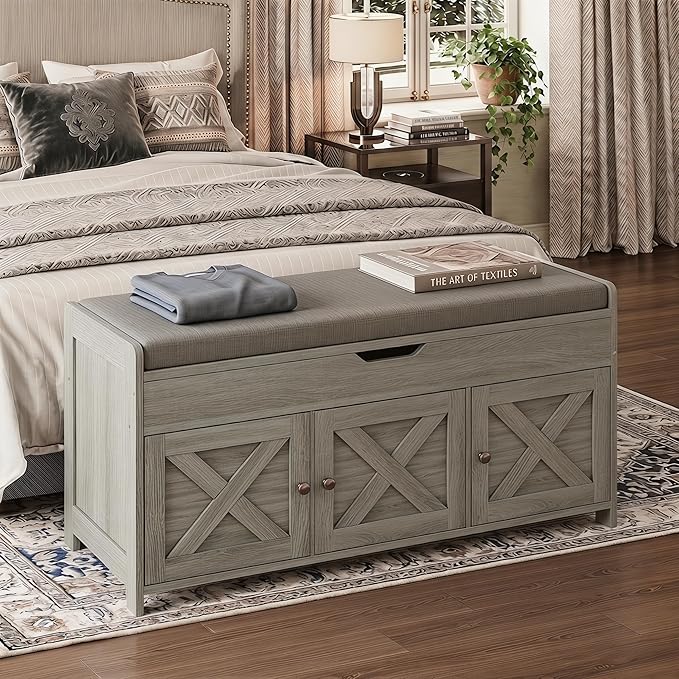 Marsail Shoe Storage Bench with Seating, Farmhouse Entryway Bench with Shoe Storage and Cushion, Under Window Benches Wooden Ottoman for Bedroom, Entry Way, Living Room, Grey