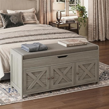 Marsail Shoe Storage Bench with Seating, Farmhouse Entryway Bench with Shoe Storage and Cushion, Under Window Benches Wooden Ottoman for Bedroom, Entry Way, Living Room, Grey