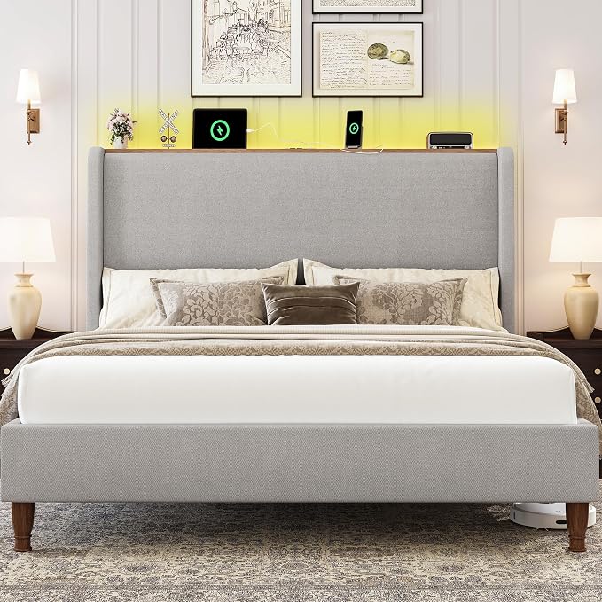 LARMACE Queen Size Bed Frame with LED Lights and Charging Station Linen Upholstered Platform Bed Frame with 51.2" Tall Wingback Headboard and Storage Shelf, No Box Spring Needed, Easy Assembly, Grey
