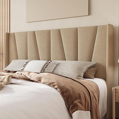 Allewie King Size Platform Bed Frame with Geometric Wingback Headboard, Boho Upholstered Bed with Wooden Slats Support, No Box Spring Needed, Easy Assembly, Beige