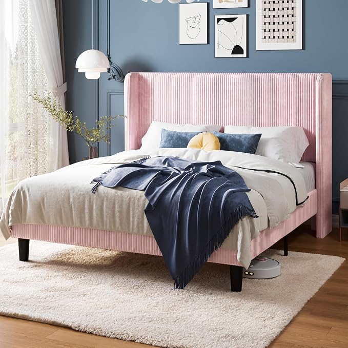 Allewie Full Size Bed Frame with Upholstered Wingback Headboard, Vertical Channel Tufted Corduroy Velvet Platform Bed, Strong Wooden Slats Support, No Box Spring Needed, Easy Assembly, Light Pink
