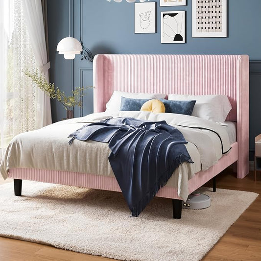Allewie Full Size Bed Frame with Upholstered Wingback Headboard, Vertical Channel Tufted Corduroy Velvet Platform Bed, Strong Wooden Slats Support, No Box Spring Needed, Easy Assembly, Light Pink
