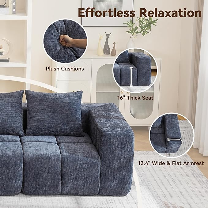 160" Boneless U-Shaped Sofa Couch with 2 Ottoman, 6 Seater Comfy Cloud Sectional Sofas with Deep Seat, Oversized Chenille Sectional Memory Foam Couches for Living Room Bedroom, Tufted Sofa, Blue