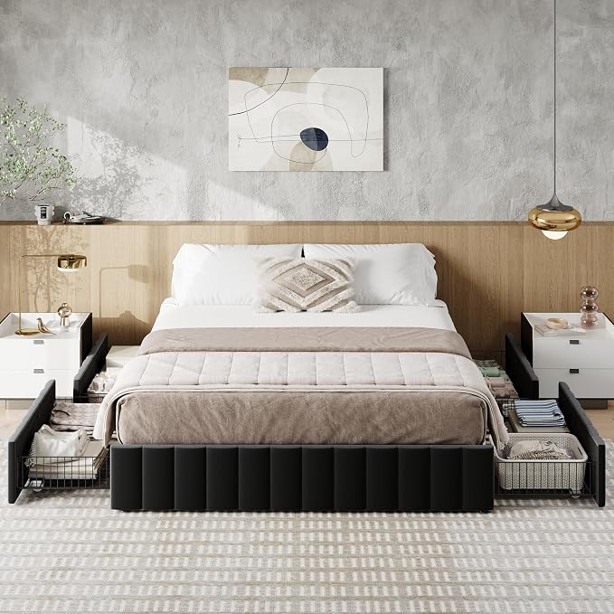 Allewie Full Size Platform Bed Frame with 4 Large Storage Drawers, Velvet Vertical Channel Tufted Upholstered Bed Base, Wooden Slats Support, Noise-Free, No Box Spring Needed, Easy Assembly, Black