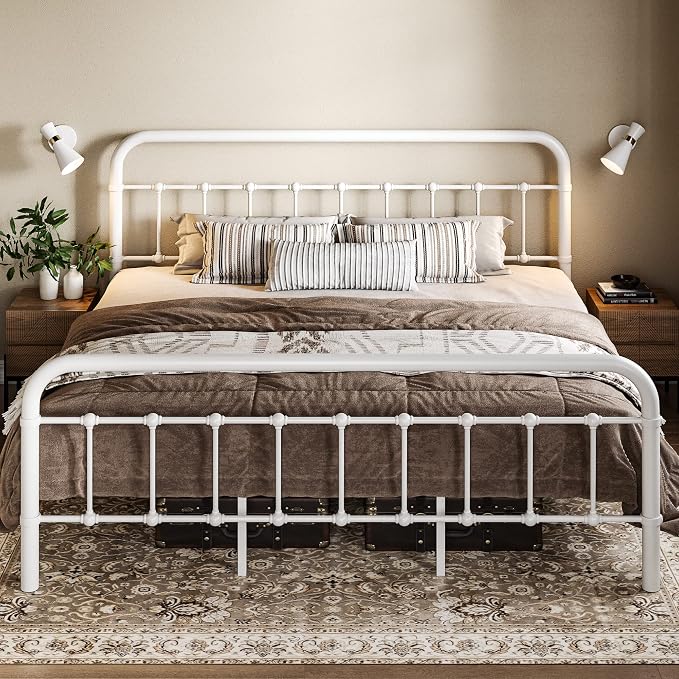 Allewie King Size Metal Platform Bed Frame with Victorian Style Wrought Iron-Art Headboard/Footboard, No Box Spring Required, White