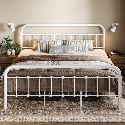 Allewie King Size Metal Platform Bed Frame with Victorian Style Wrought Iron-Art Headboard/Footboard, No Box Spring Required, White