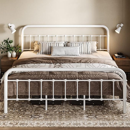 Allewie King Size Metal Platform Bed Frame with Victorian Style Wrought Iron-Art Headboard/Footboard, No Box Spring Required, White