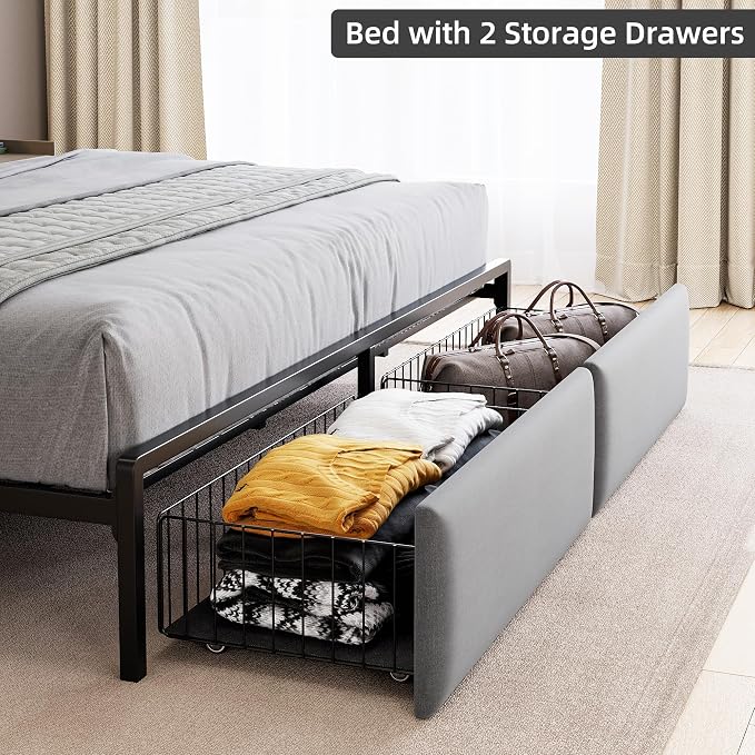 GarveeHome King Bed Frame with 2 Storage Drawers, LED Bed Frame with 2-Tier Storage Headboard&Charging Station, Metal Platform Bed Frame, No Box Spring Needed, Noise Free, Grey