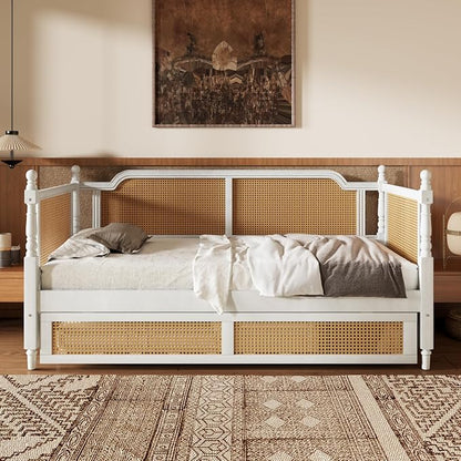 Merax Twin Size Rattan Bed Frame with Twin Size Trundle, Wood Bedframe Daybed for Bedroom, Guest Room, Limited Space, No Box Spring Needed, Antique White