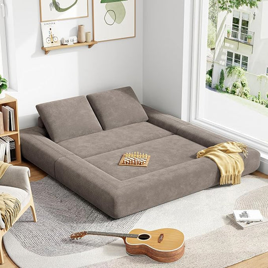 LIKIMIO FlipNest Convertible Sleeper Sofa Bed Floor Sofa 3-in-1 No Assembly, Foldable Mattress with Corduroy Upholstery Light Brown, Lounge Loveseat Couch for Living Room Studio Guest Room